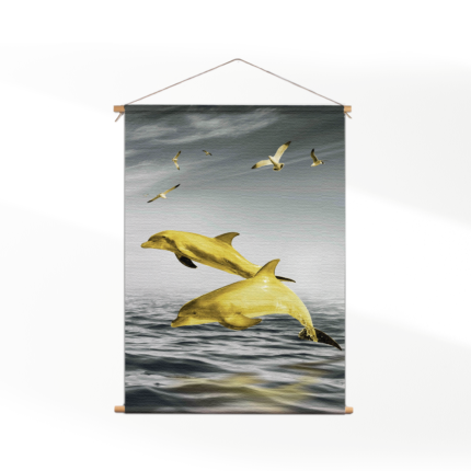 Textielposter Springende Dolfijnen Goud 01
