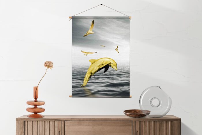 Textielposter Springende Dolfijnen Goud 02
